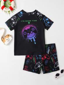 Traje De Baño De Playa Gráfico Para Niños Jóvenes Con Eslogan - Negro - Ver 1