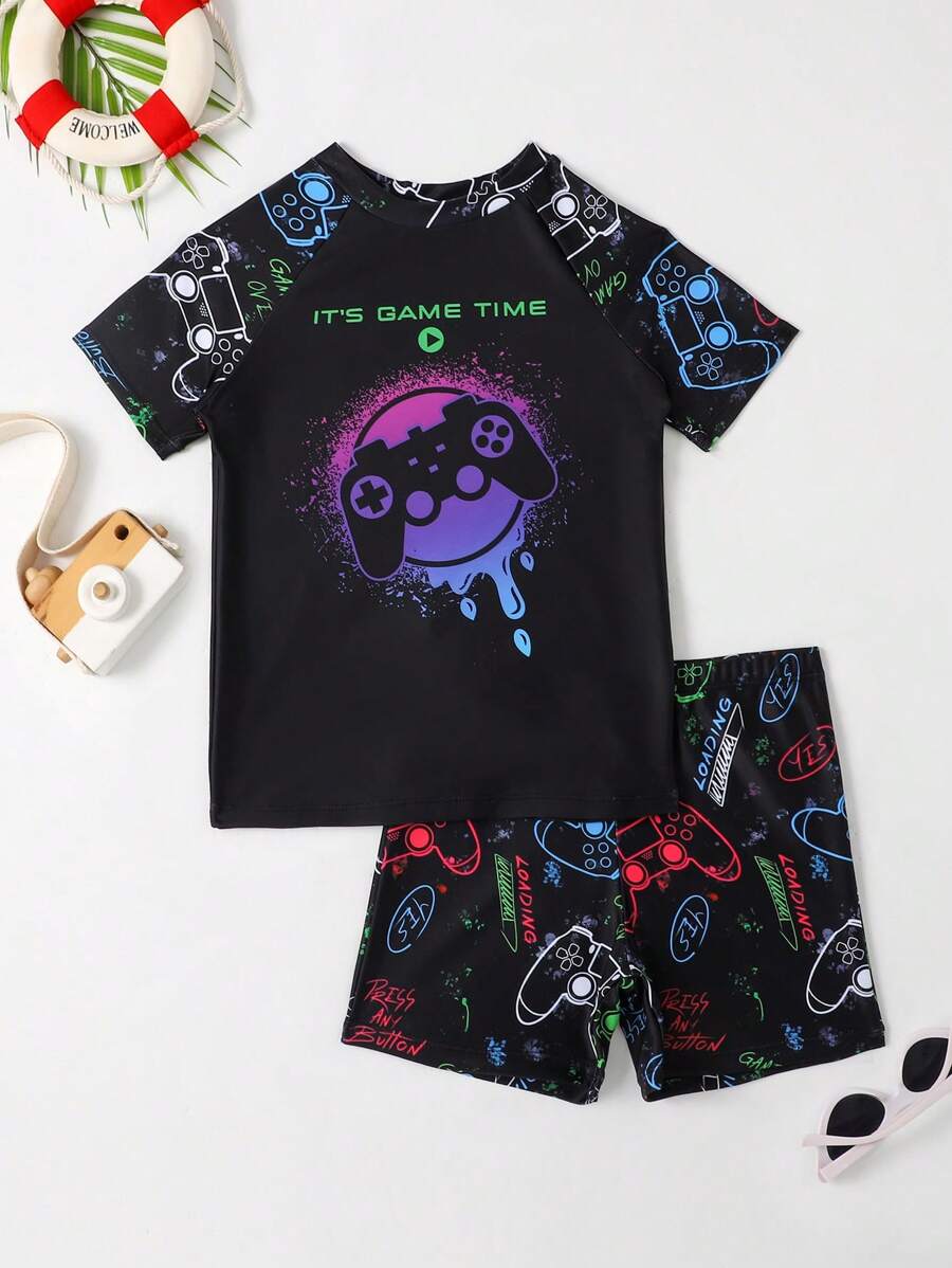 Traje De Baño De Playa Gráfico Para Niños Jóvenes Con Eslogan - Negro - Ver 1