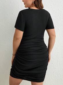 SHEIN Frenchy Plus Solid Ruched Side Ribbed Knit Bodycon Dress - Black - View 4