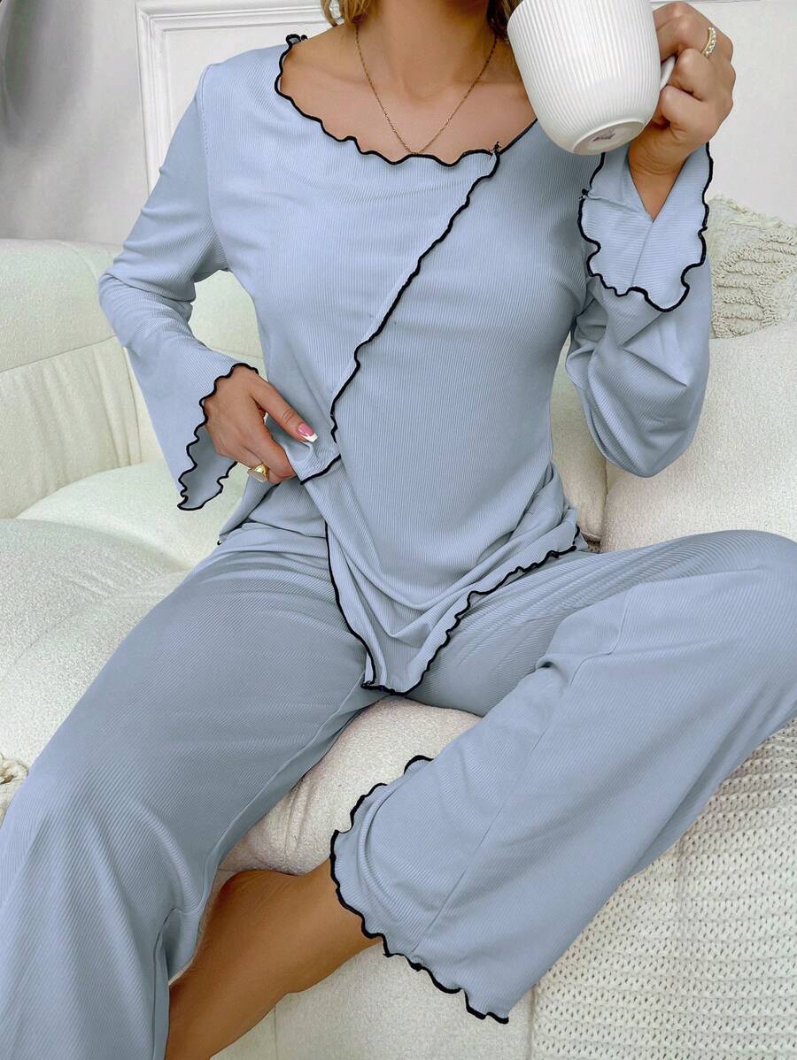 Contrast Binding Lettuce Trim Flounce Sleeve PJ Set / Pajama Set - Blue - View 1
