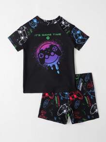 Traje De Baño De Playa Gráfico Para Niños Jóvenes Con Eslogan - Negro - Ver 5