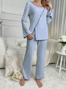Contrast Binding Lettuce Trim Flounce Sleeve PJ Set / Pajama Set - Blue - View 5