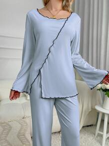Contrast Binding Lettuce Trim Flounce Sleeve PJ Set / Pajama Set - Blue - View 3