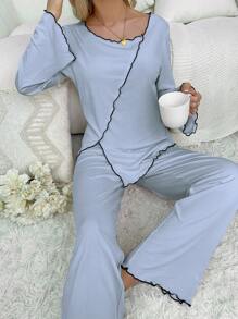 Contrast Binding Lettuce Trim Flounce Sleeve PJ Set / Pajama Set - Blue - View 4