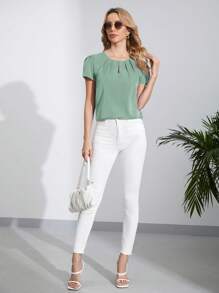 SHEIN Clasi 鎖眼領口泡泡袖上衣 - 薄荷綠 - 查看 3