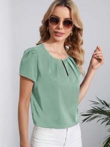 SHEIN Clasi 鎖眼領口泡泡袖上衣 - 薄荷綠 - 查看 5