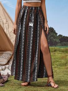 SHEIN VCAY Geo Print Tassel Tie Waist Split Thigh Skirt Western Women Attire Country Skirt - Multicolor - View 4