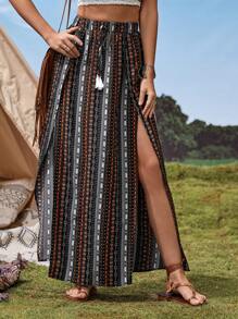 SHEIN VCAY Geo Print Tassel Tie Waist Split Thigh Skirt Western Women Attire Country Skirt - Multicolor - View 5