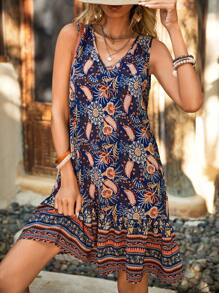 SHEIN VCAY Floral Print Ruffle Hem Smock Dress,Halter Dress