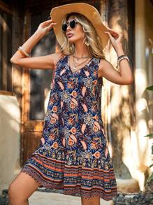 SHEIN VCAY Floral Print Ruffle Hem Smock Dress,Halter Dress