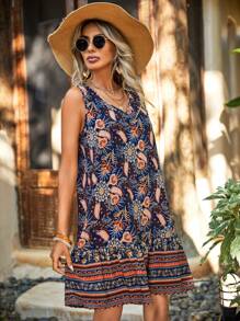 SHEIN VCAY Floral Print Ruffle Hem Smock Dress,Halter Dress
