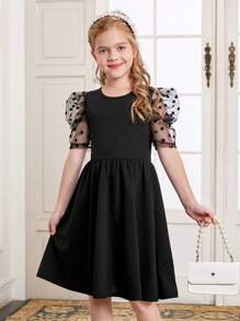 SHEIN Girls Contrast Dobby Mesh Puff Sleeve Dress - Black - View 2