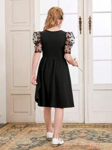 SHEIN Girls Contrast Dobby Mesh Puff Sleeve Dress - Black - View 3