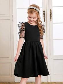 SHEIN Girls Contrast Dobby Mesh Puff Sleeve Dress - Black - View 4