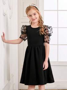 SHEIN Girls Contrast Dobby Mesh Puff Sleeve Dress - Black - View 6