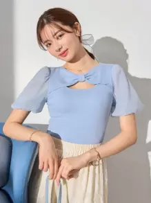 DAZY Cut Out Front Puff Sleeve Tee - Blue - View 1