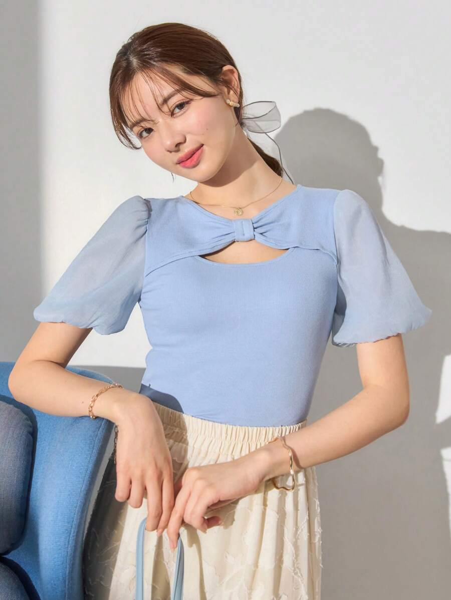 DAZY Cut Out Front Puff Sleeve Tee - Blue - View 1