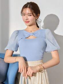 DAZY Cut Out Front Puff Sleeve Tee - Blue - View 8