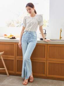 DAZY 蕾絲拼接誇大領口泡泡袖襯衫