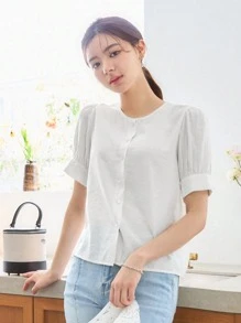 DAZY 蕾絲拼接誇大領口泡泡袖襯衫