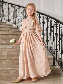 SHEIN Tween Girls Halter Neck Ruffled Halterneck Short Sleeve Waist Ruched Glitter Print Dress - Coral Pink - View 6