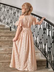 SHEIN Tween Girls Halter Neck Ruffled Halterneck Short Sleeve Waist Ruched Glitter Print Dress - Coral Pink - View 2