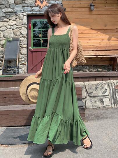 DAZY Solid Ruffle Hem Cami Dress Long Sundress