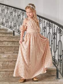 SHEIN Tween Girls Halter Neck Ruffled Halterneck Short Sleeve Waist Ruched Glitter Print Dress - Coral Pink - View 4