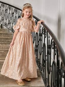 SHEIN Tween Girls Halter Neck Ruffled Halterneck Short Sleeve Waist Ruched Glitter Print Dress - Coral Pink - View 5