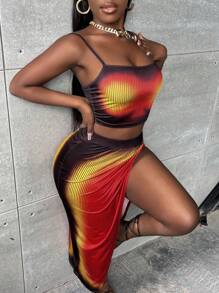 Slaydiva 身體熱成像印花吊帶上衣和高衩半身裙 - 彩色 - 查看 4