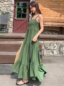 DAZY Solid Ruffle Hem Cami Dress Long Sundress Vacation Outfits Women - Green - View 7