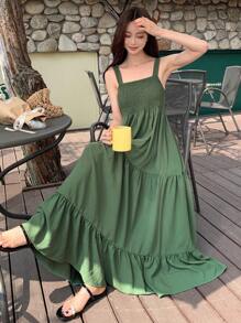 DAZY Solid Ruffle Hem Cami Dress Long Sundress Vacation Outfits Women - Green - View 8