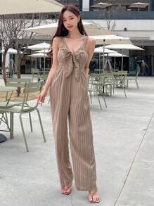女式条纹系带吊带连体裤 - 卡其色 - 查看 3