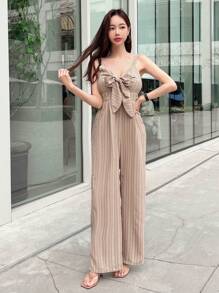 女式条纹系带吊带连体裤 - 卡其色 - 查看 5
