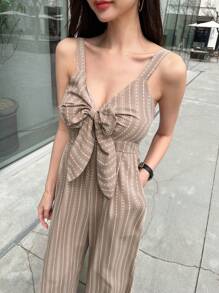 女式条纹系带吊带连体裤 - 卡其色 - 查看 8
