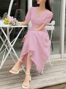 DAZY Solid Puff Sleeve A-Line Dress Sundress - Pink - View 1