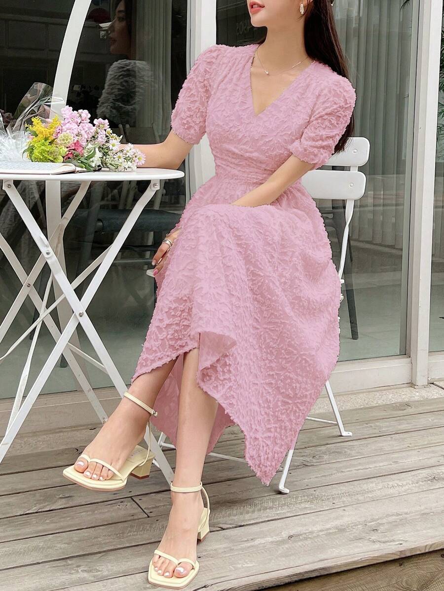 DAZY Solid Puff Sleeve A-Line Dress Sundress - Pink - View 1