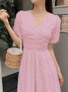 DAZY Solid Puff Sleeve A-Line Dress Sundress - Pink - View 2