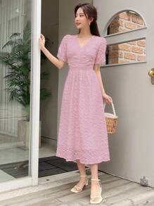 DAZY Solid Puff Sleeve A-Line Dress Sundress - Pink - View 4