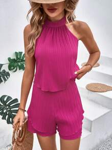 SHEIN VCAY Lettuce Trim Halter Neck Blouse & Shorts - Hot Pink - View 5