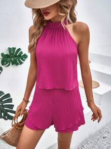 SHEIN VCAY Lettuce Trim Halter Neck Blouse & Shorts - Hot Pink - View 6