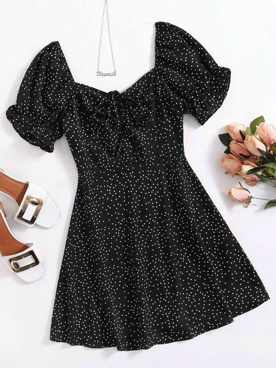 Soleia Sweetheart Neck Puff Sleeve Drawstring Ruched Polka Dot Dress - Black - View 1