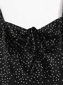 Soleia Sweetheart Neck Puff Sleeve Drawstring Ruched Polka Dot Dress - Black - View 4