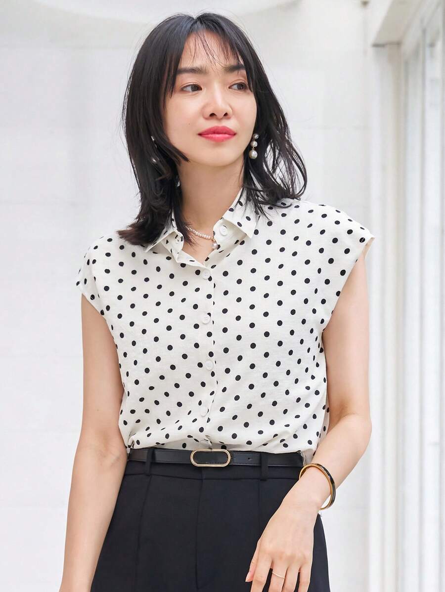 DAZY Áo sơ mi nữ Nút phía trước Chấm bi Giải trí - trắng - Xem 1