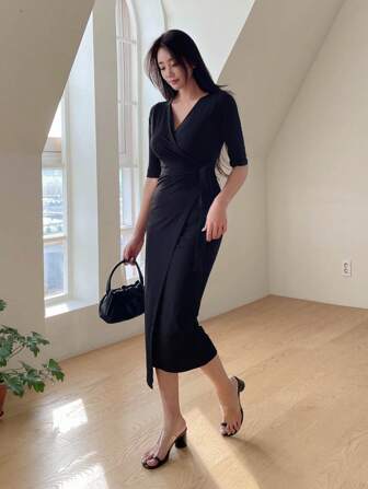DAZY Solid Wrap Knot Side Wrap Dress