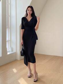 DAZY Đầm Thắt nút Trọn gói màu trơn Thanh lịch - màu đen - Xem 5