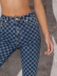 جينز قطع بوت خصر عالي بالمنقوشة - أزرق داكن - مشاهدة 3