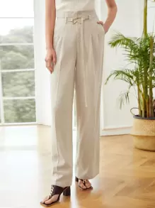 MOTF PREMIUM WIDE BELTED LINEN-BLEND PANTS - Khaki - View 3