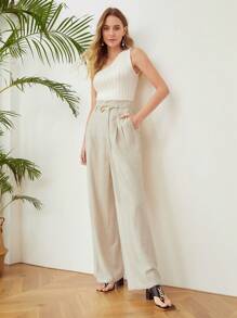 MOTF PREMIUM WIDE BELTED LINEN-BLEND PANTS - Khaki - View 5