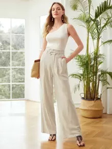 MOTF PREMIUM WIDE BELTED LINEN-BLEND PANTS - Khaki - View 6